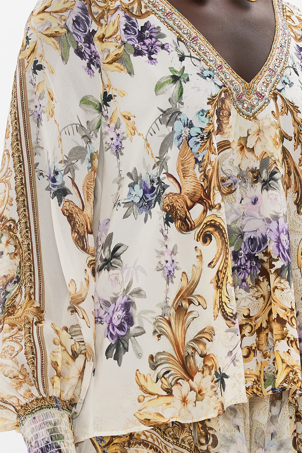 Detail view of model wearing CAMILLA silk blouse in Palazzo Playdate print