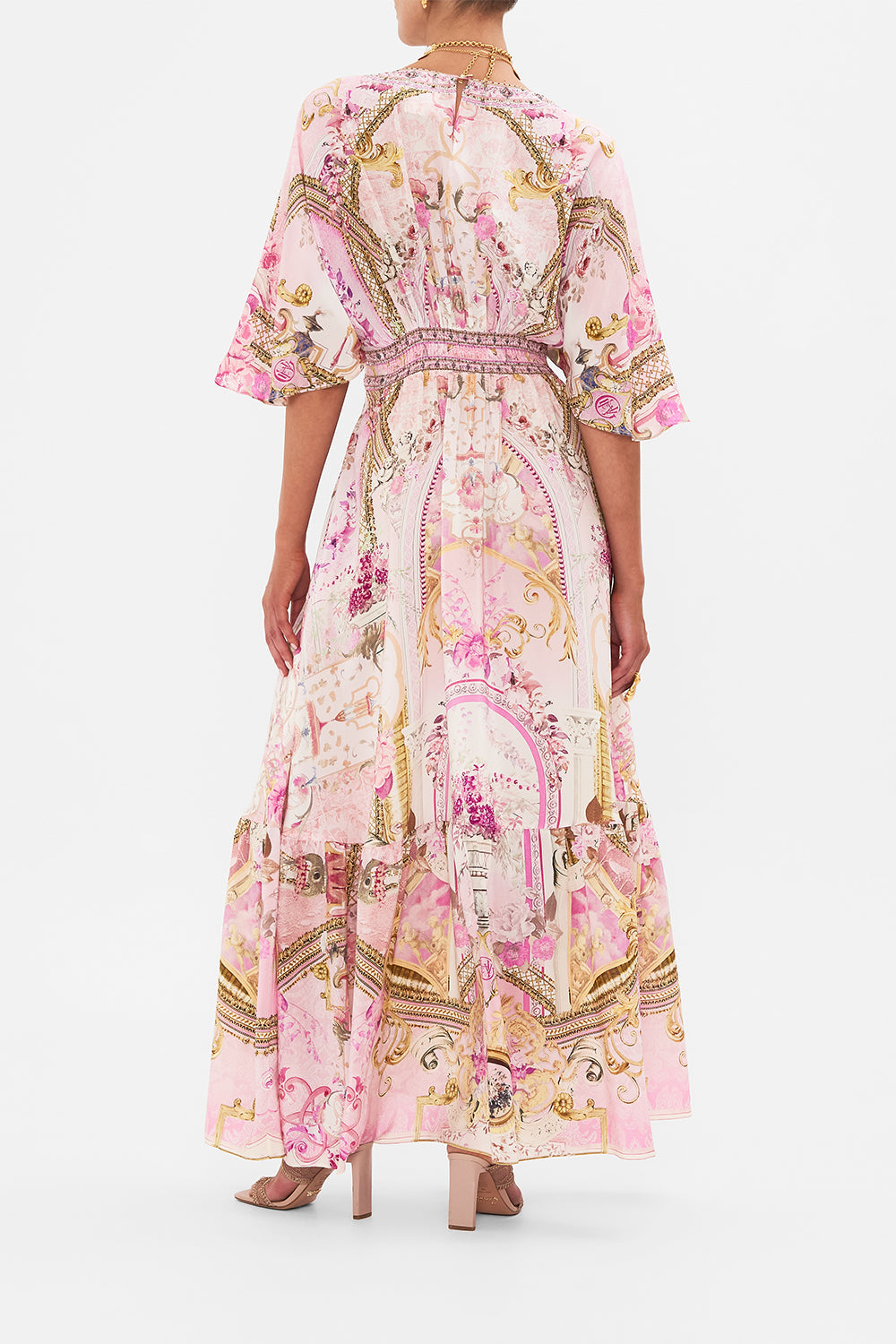 Front view of model wearing CAMILLA pink silk ruffle dress in Fresco Fairytale print