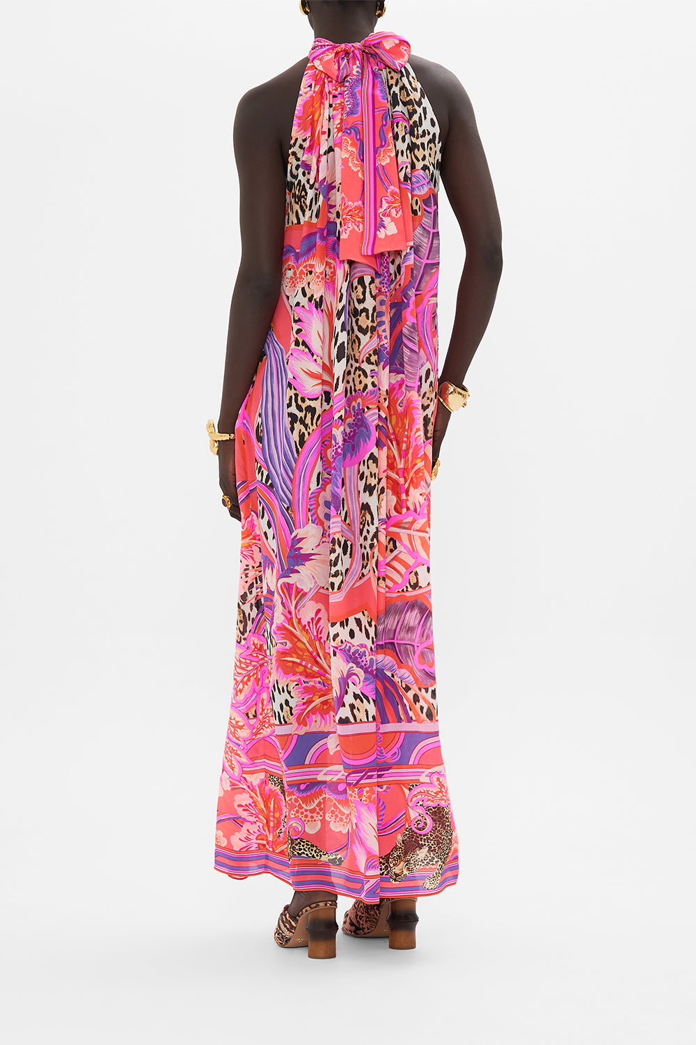 Back view of model wearing CAMILLA silk maxi dress in Viola Vintage print