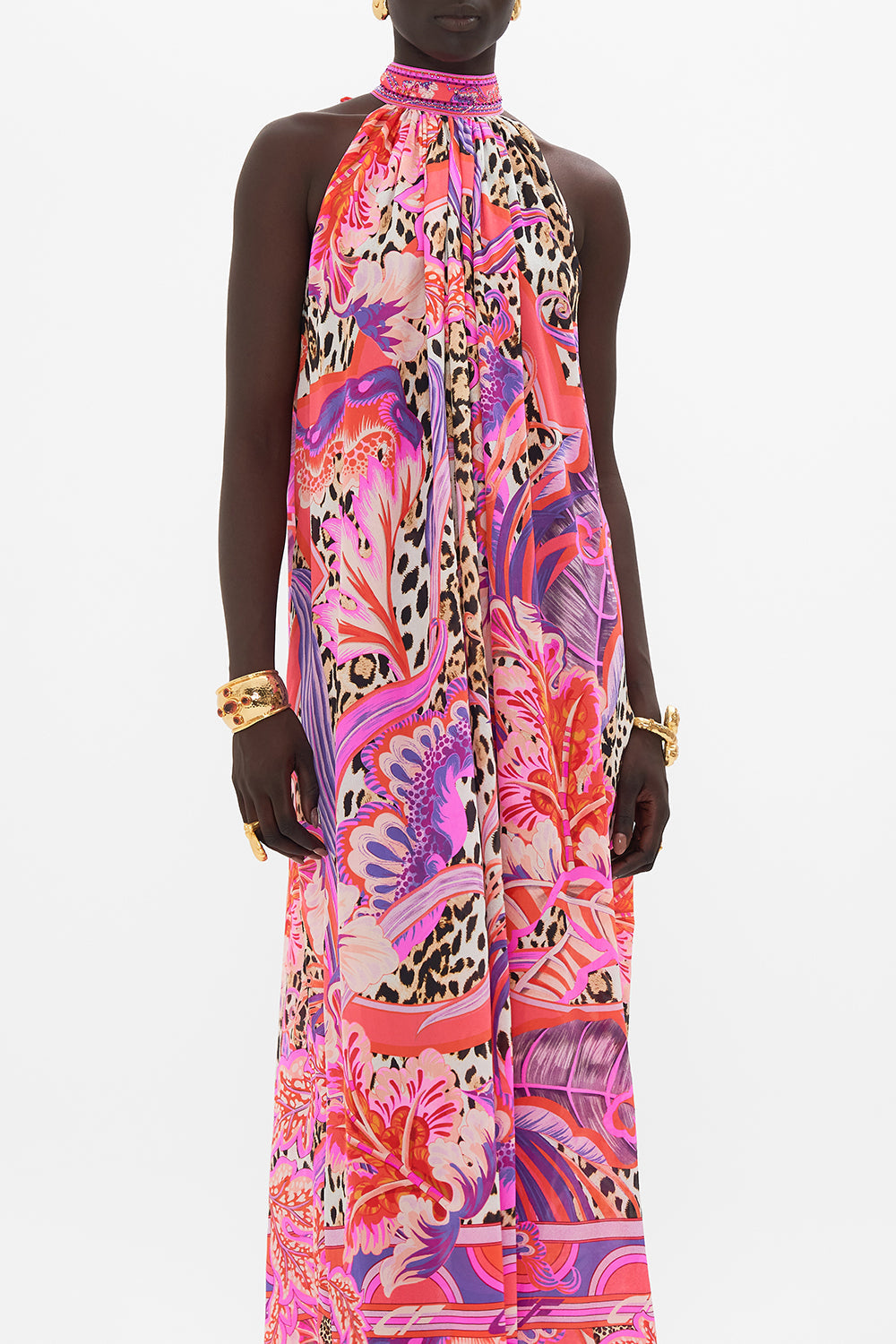 Crop view of model wearing CAMILLA silk maxi dress in Viola Vintage print