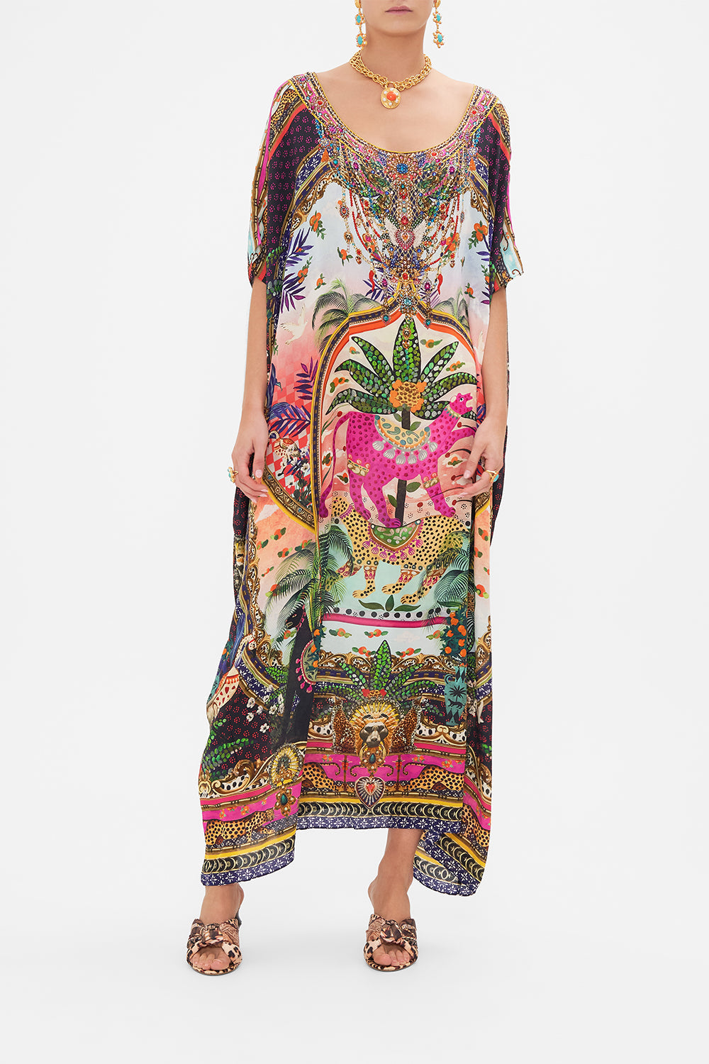 Front view of model wearing CAMILLA printed silk kaftan in Alessandro's Atlantis print