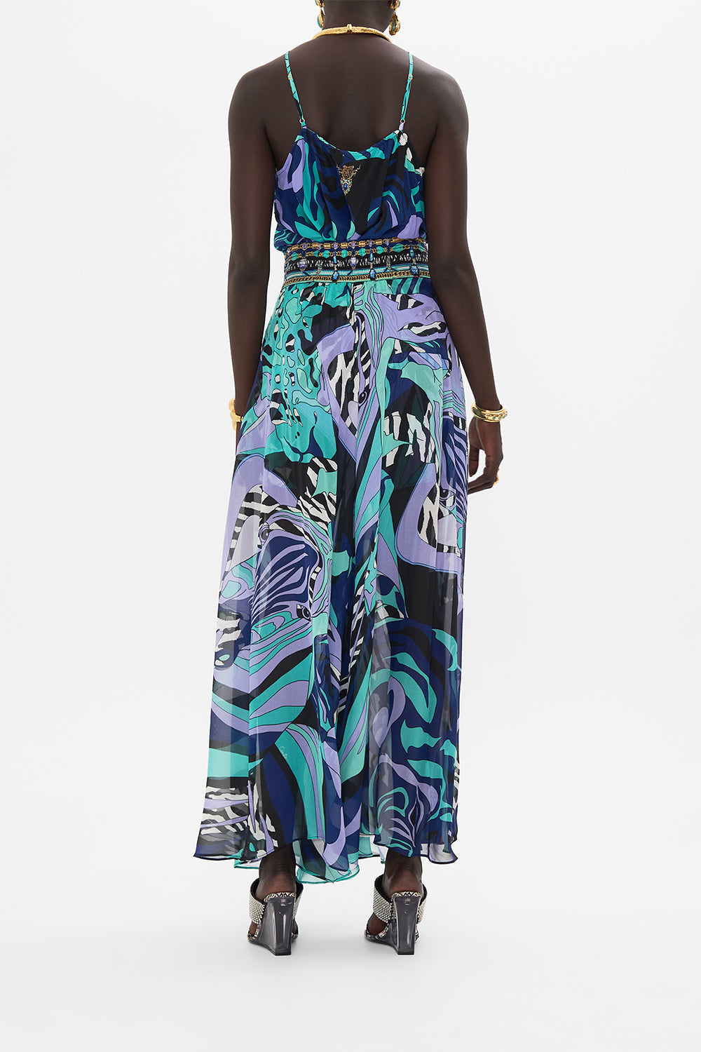 Back view of model wearing CAMILLA sheer silk palazzo pants in Vividly Venice print