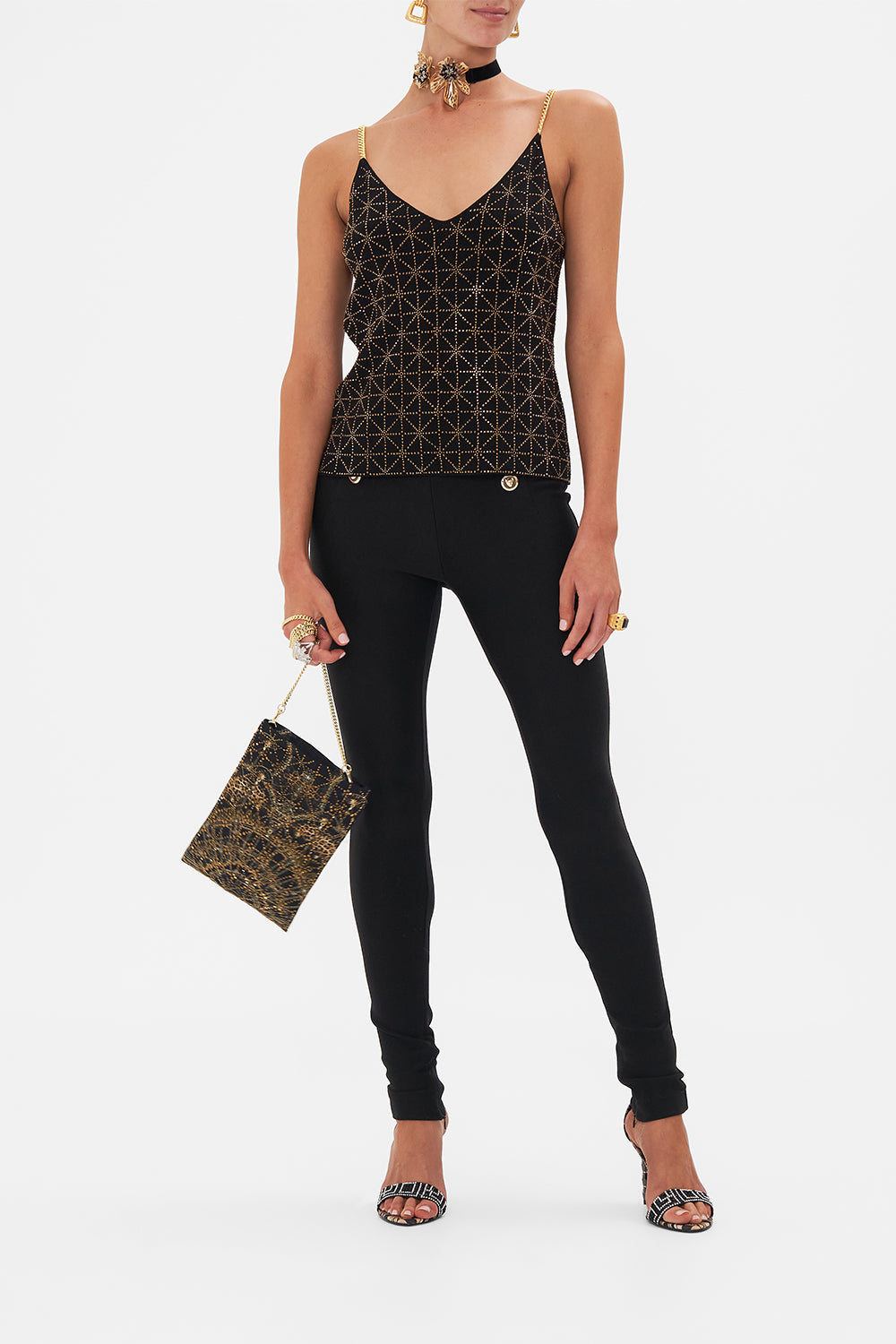 Front view of model wearing CAMILLA cami in Soul of A Stargazer print