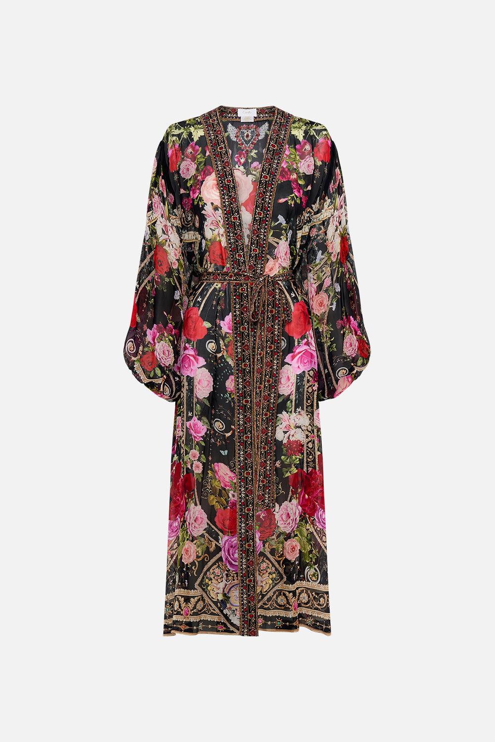 Product view of CAMILLA silk kimono layer in Reservation For Love print