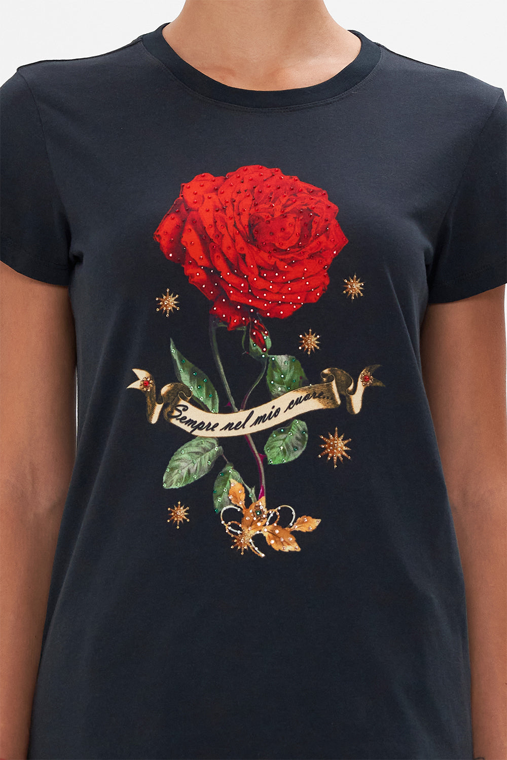 Crop view of model wearing CAMILLA women t shirt in Reservation For Love print