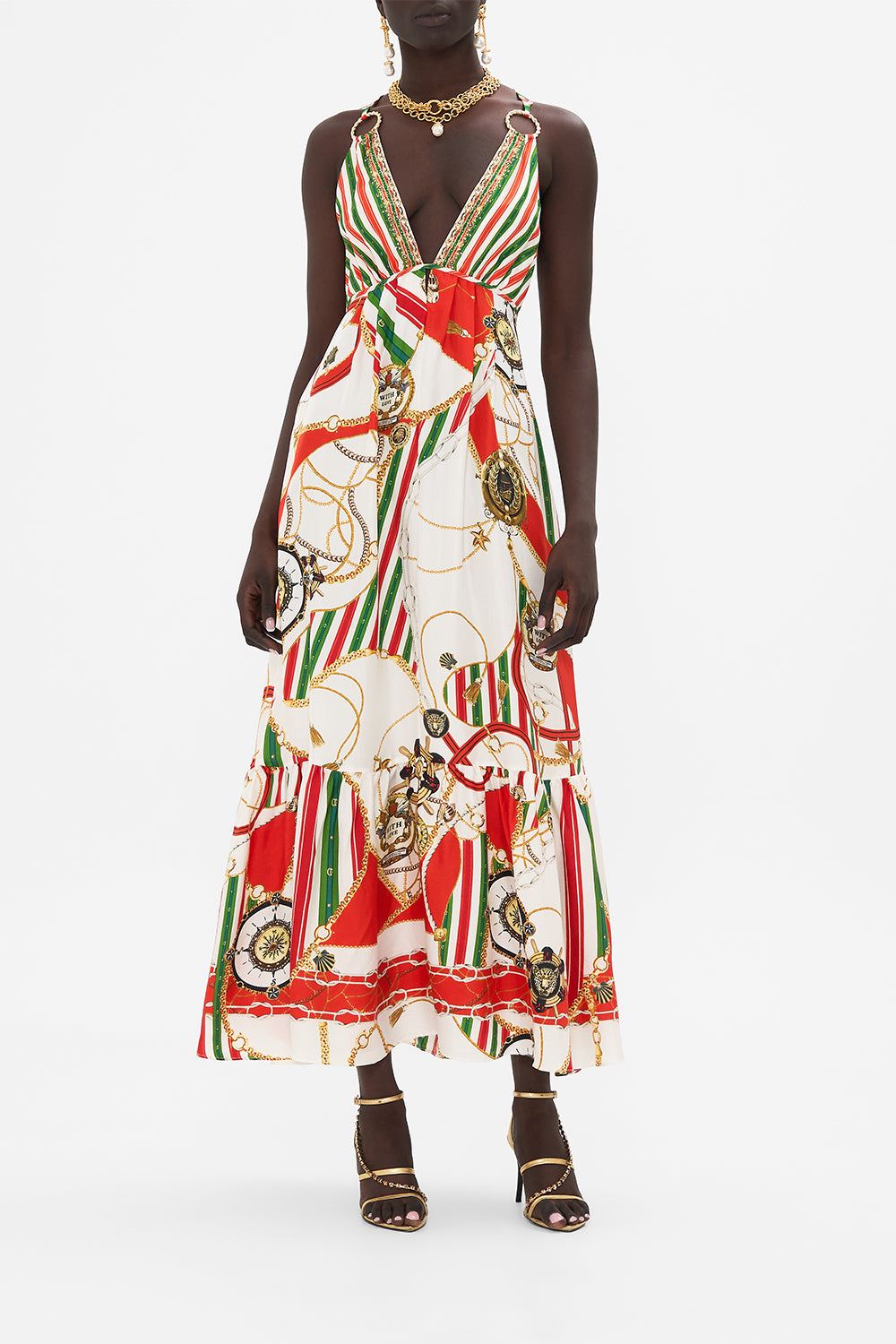 Front view of model wearing CAMILLA tiered dress in Saluti Summertime print