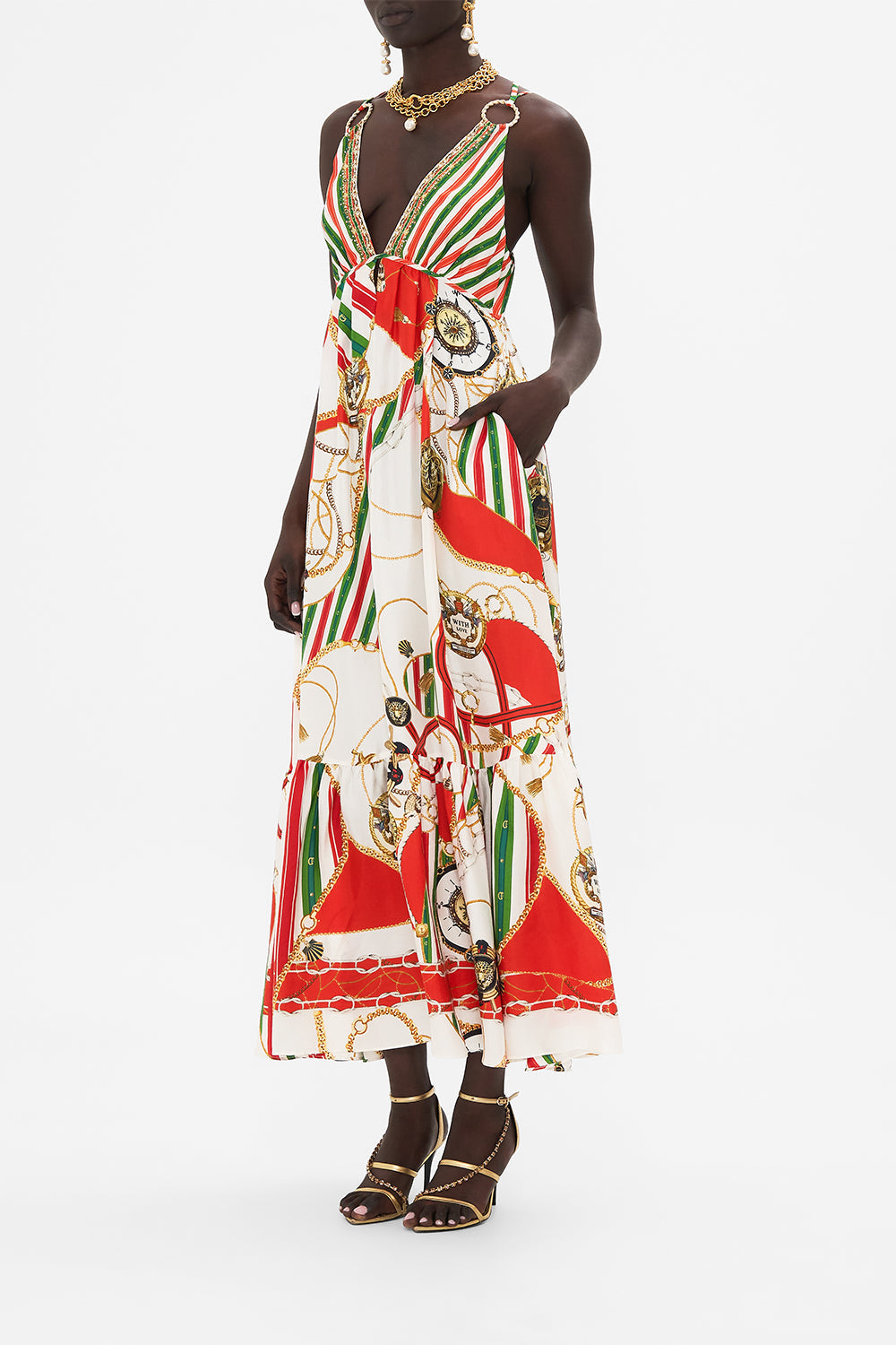 Crop view of model wearing CAMILLA tiered dress in Saluti Summertime print