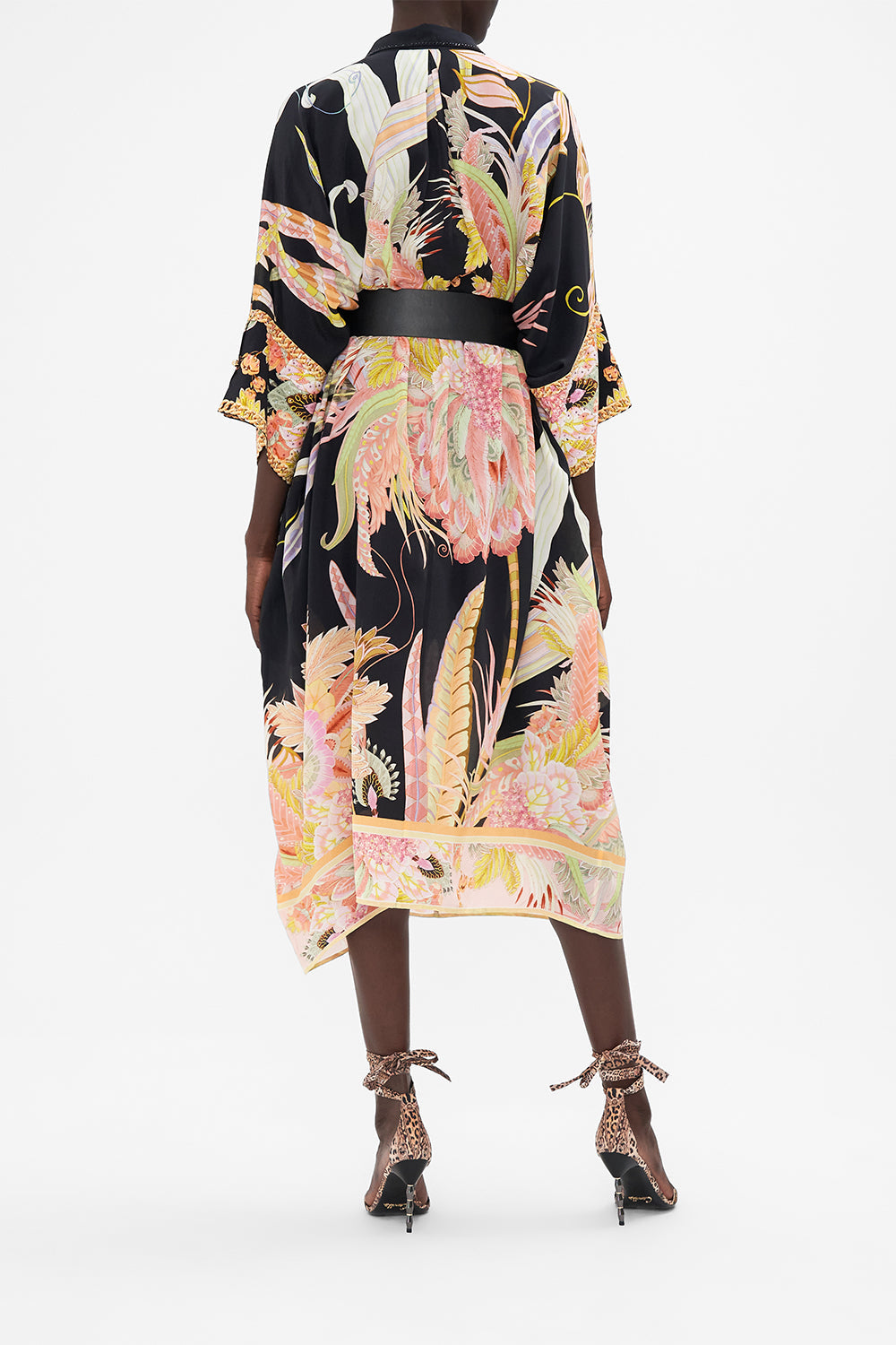 Back view of model wearing CAMILLA silk kaftan in Lady Of The Moon print