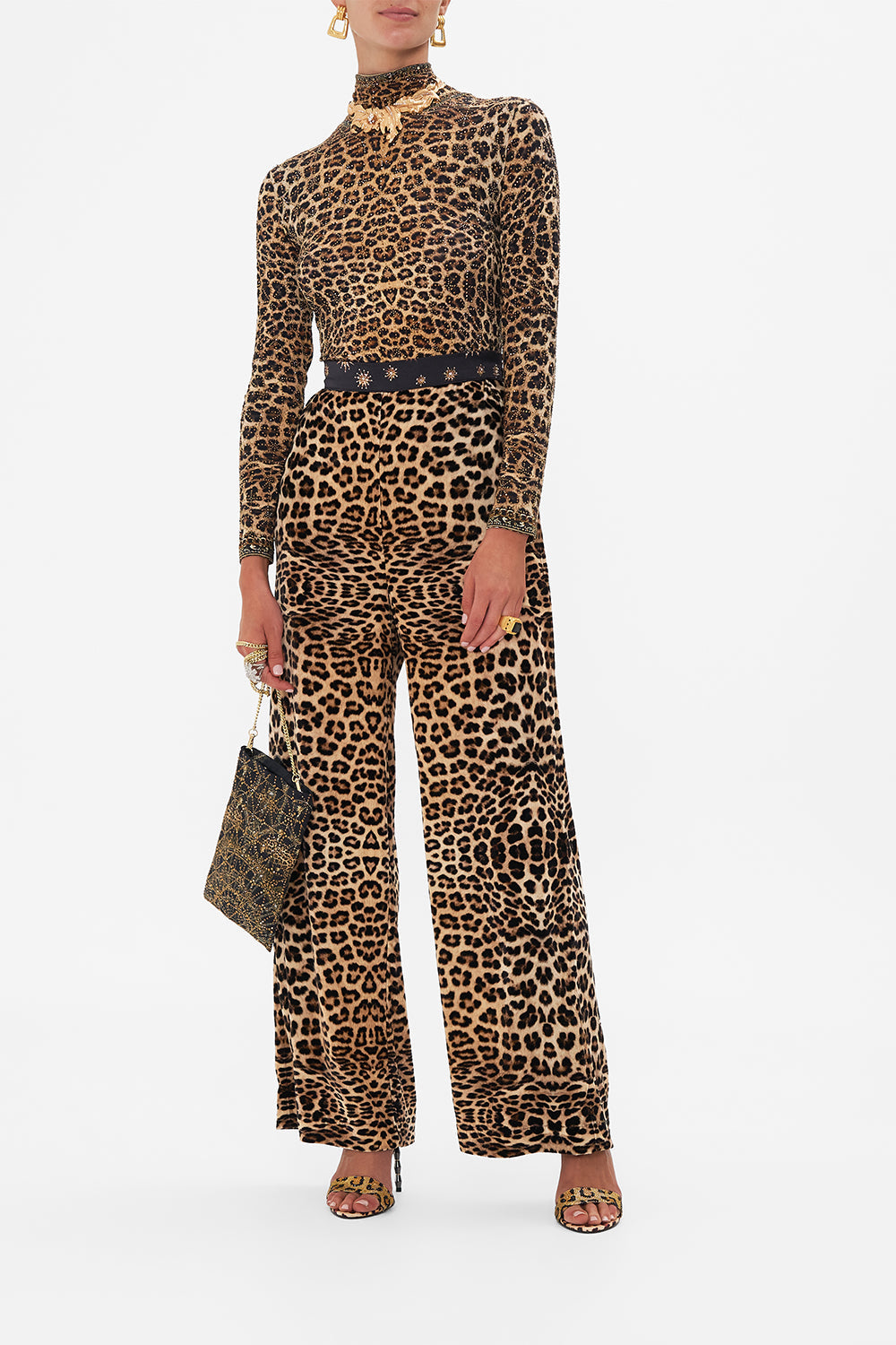 Front view of model wearing CAMILLA jersey turtleneck print in Soul Of A Star Gazer print