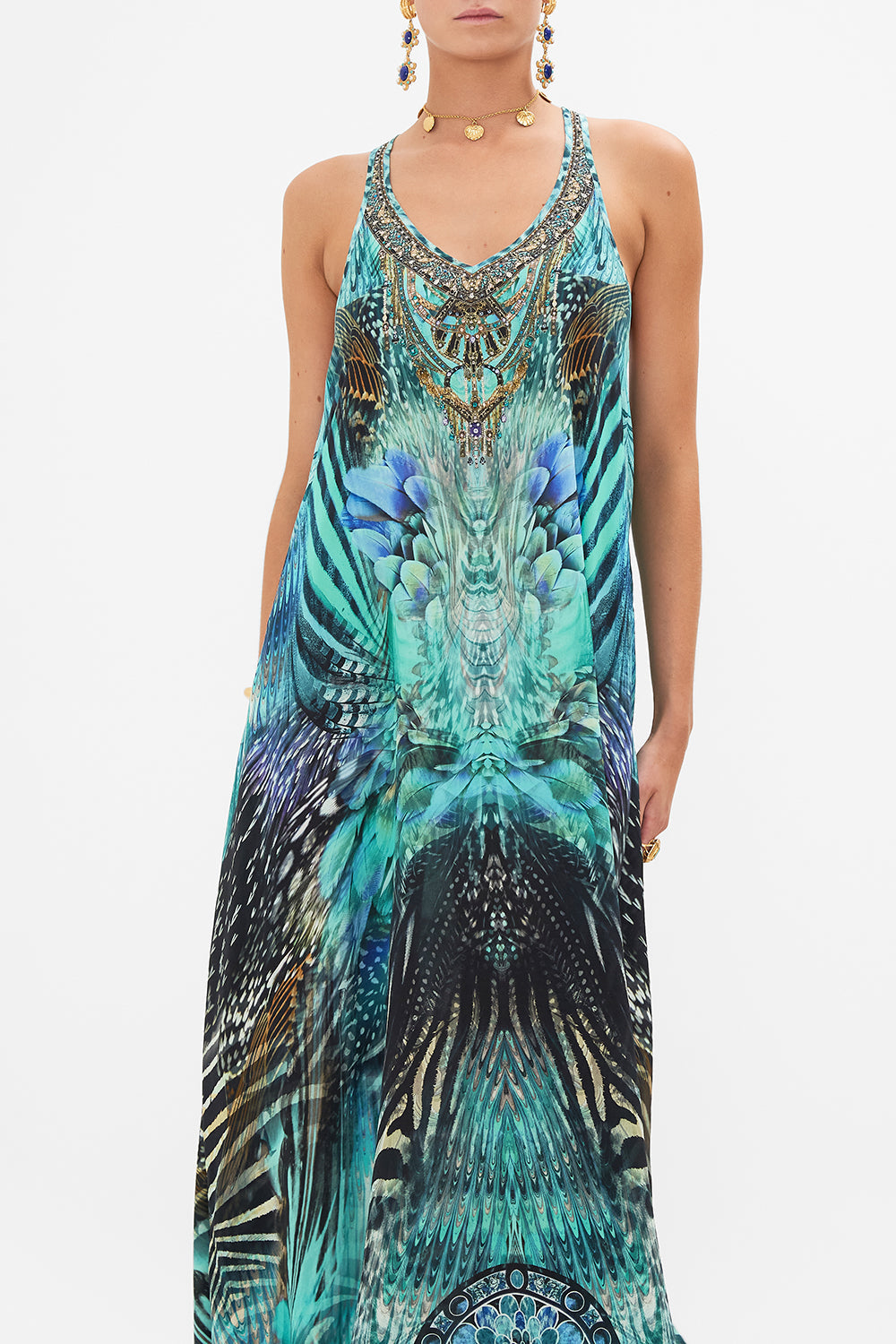 Crop view of model wearing CAMILLA silk maxi dress in Azure Allure print