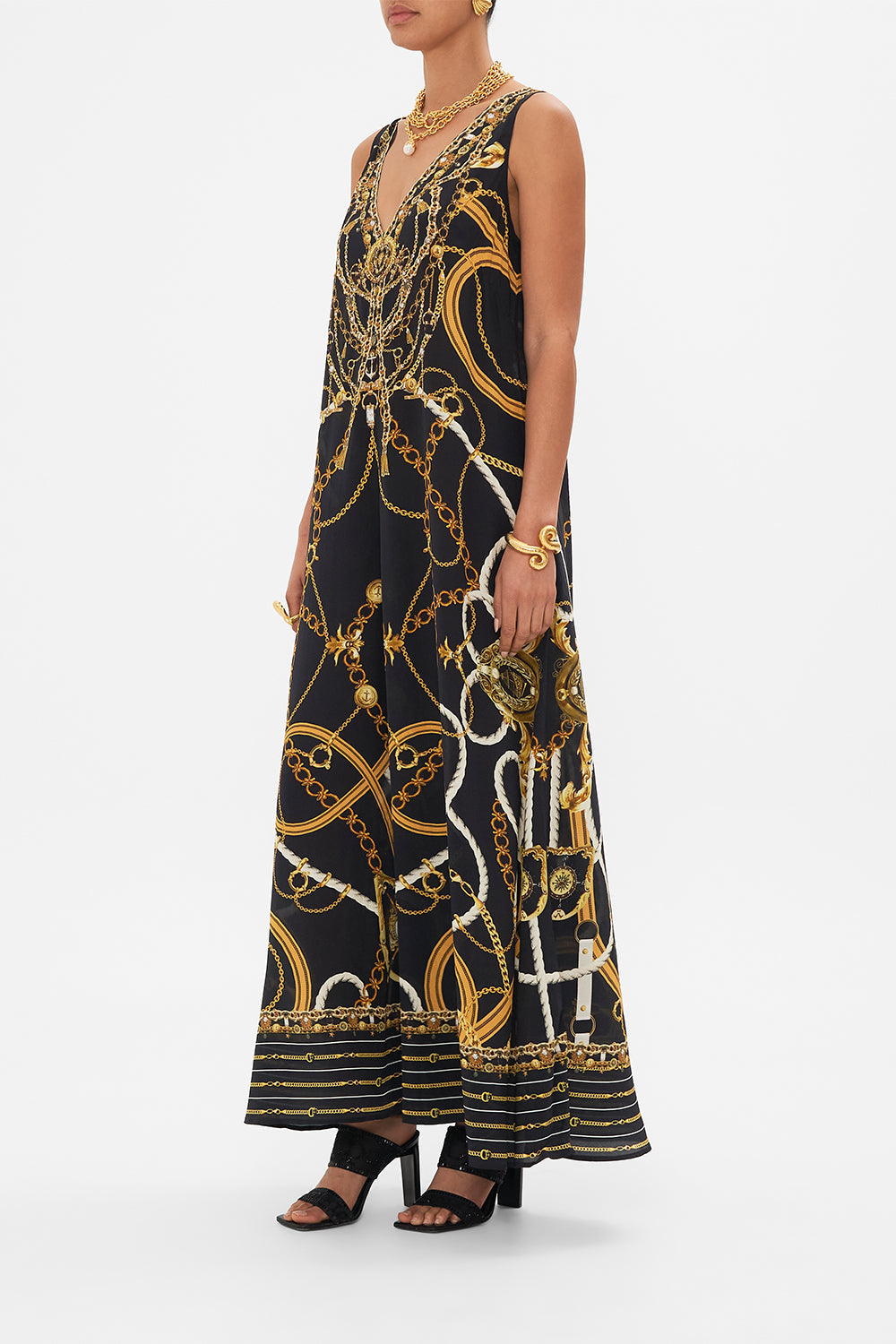 Side view of model wearing CAMILLA silk jumpsuit in Coast to Coast print