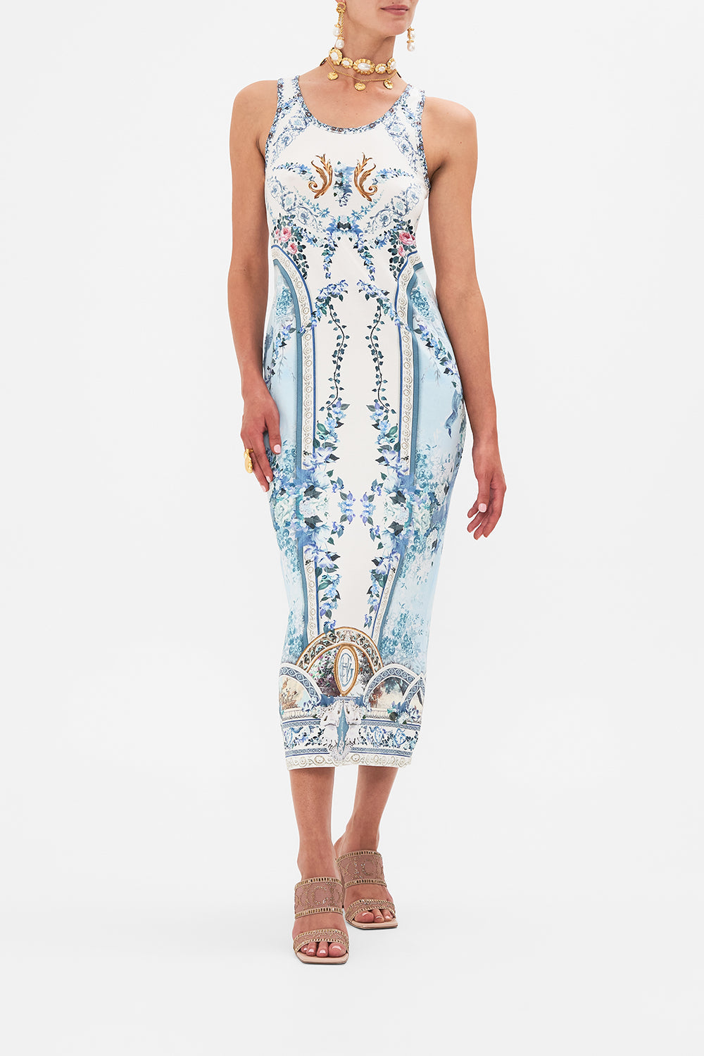 Front view of model wearing CAMILLA Jersey tank dress in Seasson of The Siren print