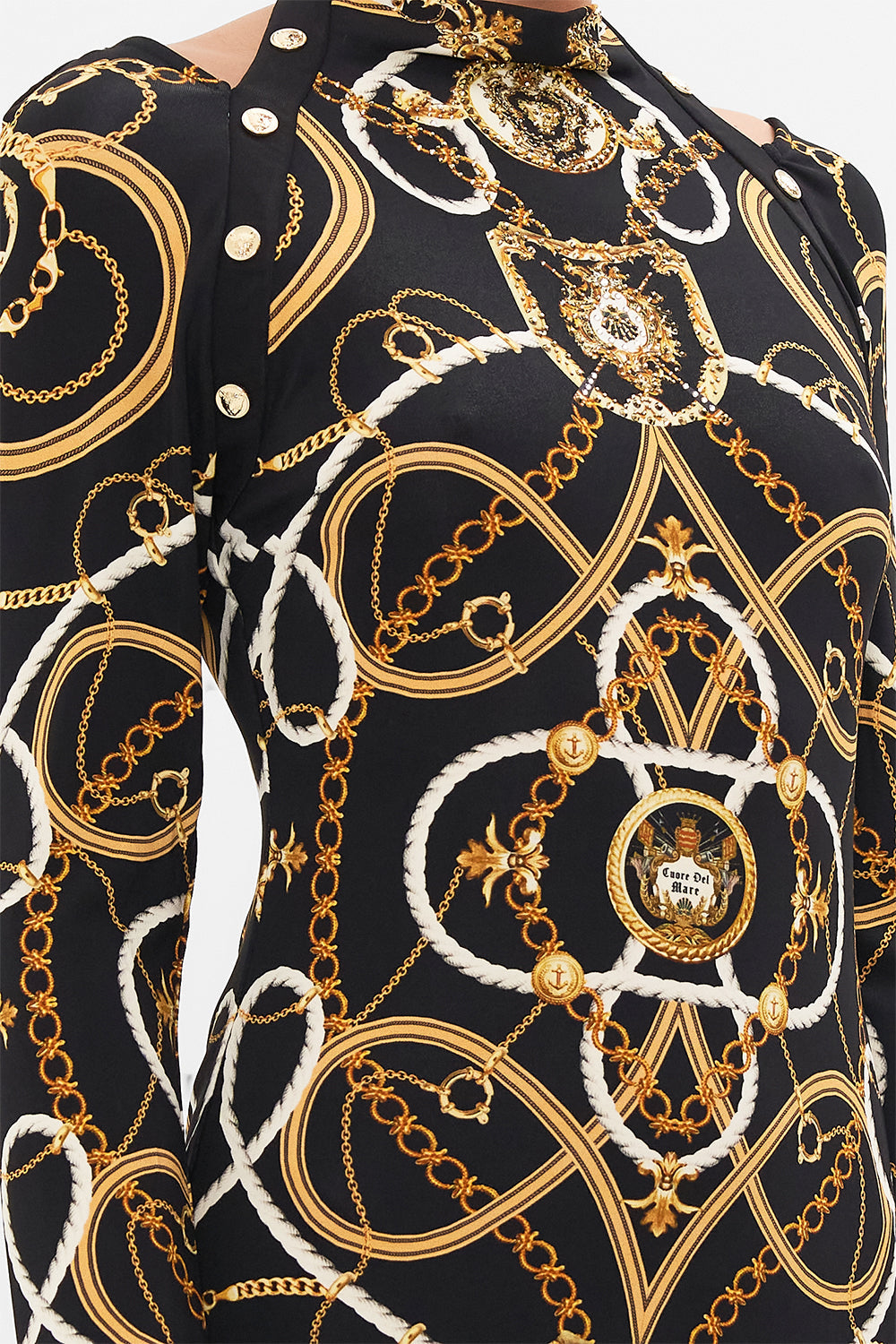 Detail view of model wearing CAMILLA cut out jersey dress in Coast to Coast print