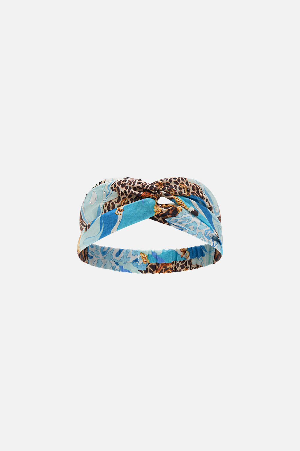 Product view of CAMILLA wilk twist headband in Sky Cheetah print