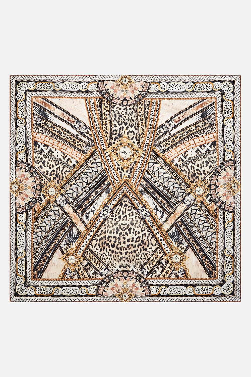Detail view of CAMILLAanimal print silk square scarf in Mosaic Muse