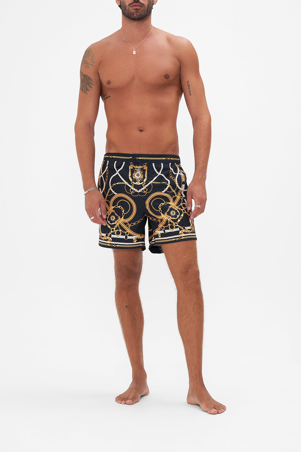 Front view of model wearing Hotel Franks By CAMILLA mens swim short in Coast to Coast print