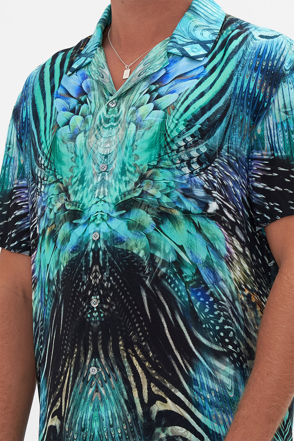 Style view of model wearing Hotel Franks By CAMILLA mens short sleeve camp collared shirt in Azure Allure