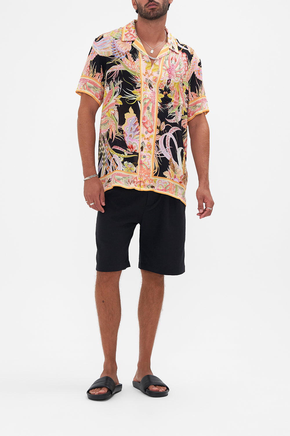 Front view of model wearing Hotel Franks by CAMILLA mens camp collared shirt in Lady of the Moon print