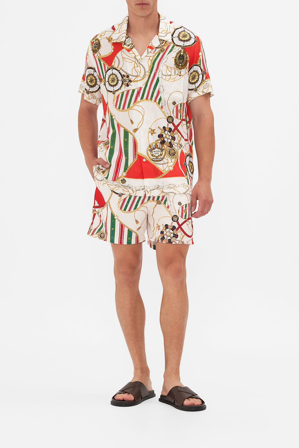 Front view of model wearing Hotel Franks by CAMILLA mens camp collared shirt in Saluti Summertime print