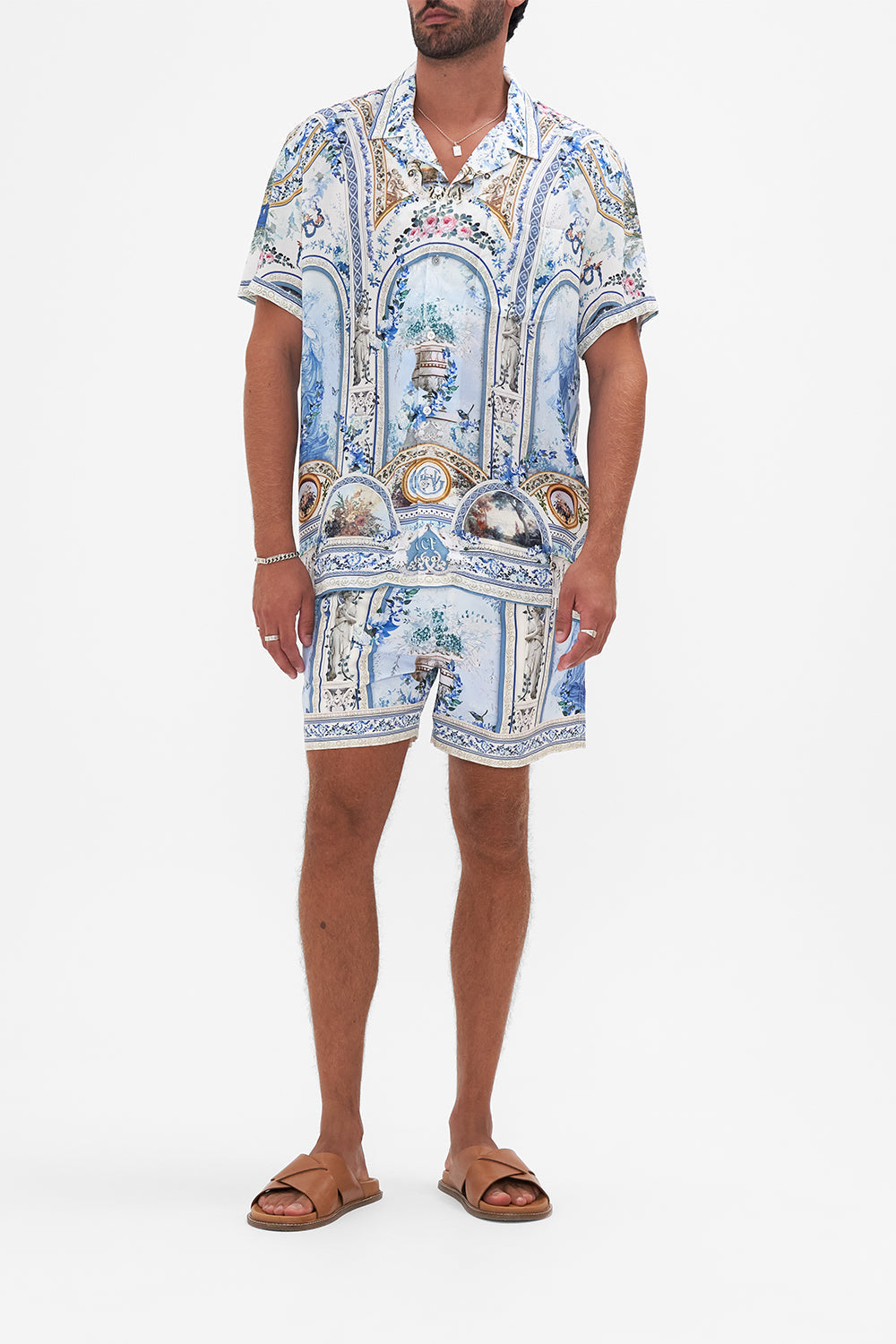 Front view of model wearing HOTEL FRANKS BY CAMILLA collared shirt in Season of the Siren print