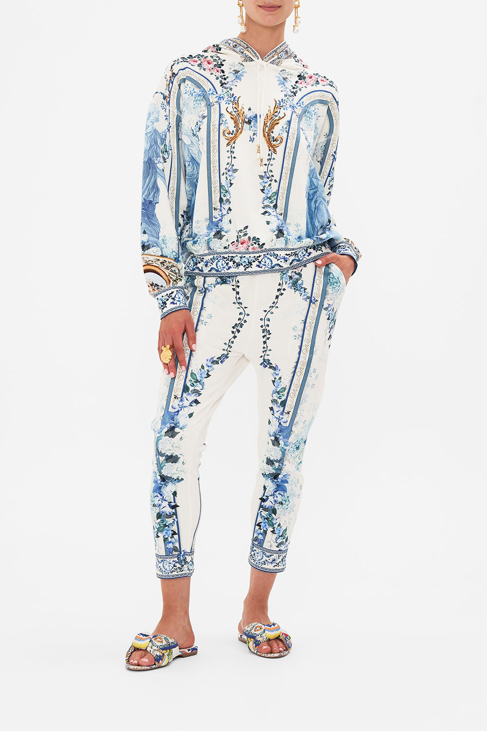 Front view of model wearing CAMILLA hoodie in Season Of The Siren print