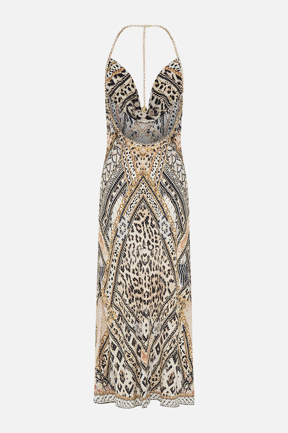 Back product view of CAMILLA bias silk dress in Mosaic Muse print