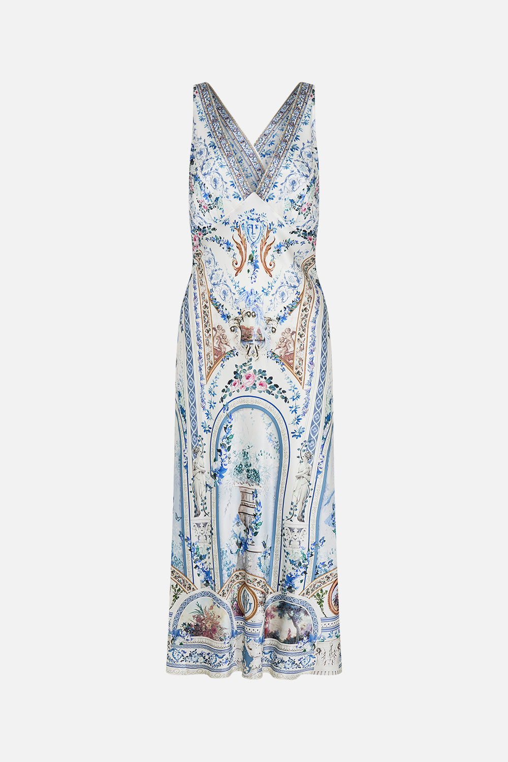 Product view of CAMILLA silk slip dress in Season of The Siren print