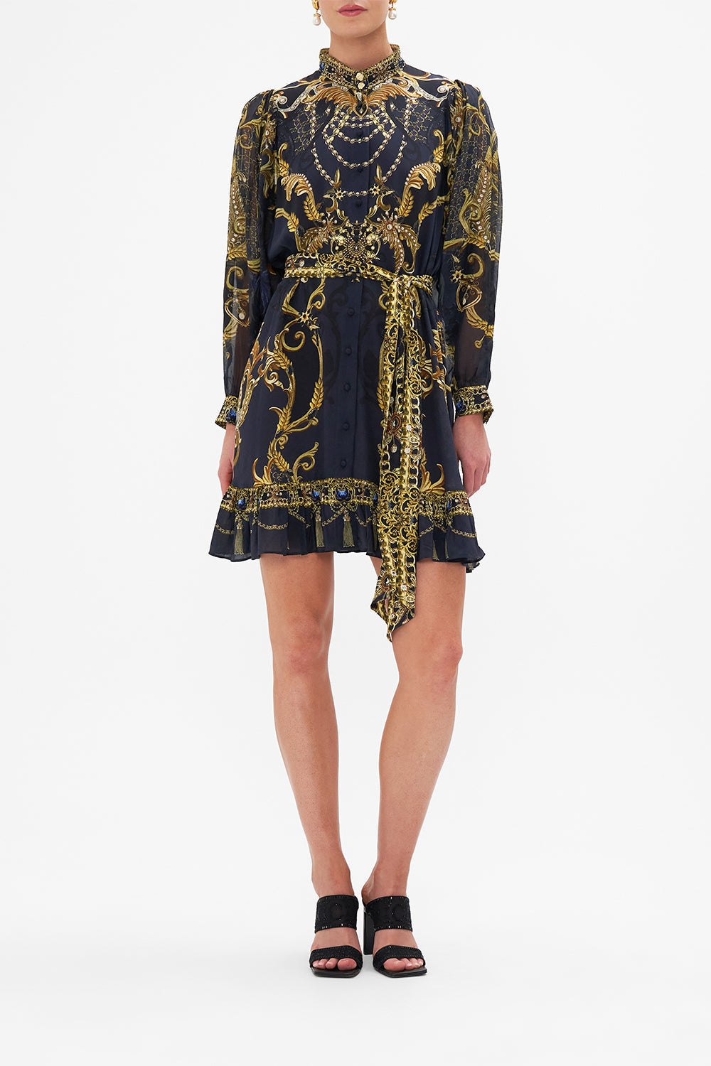 Front view of model wearing CAMILLA silk shirt in Moonlight Melodies print