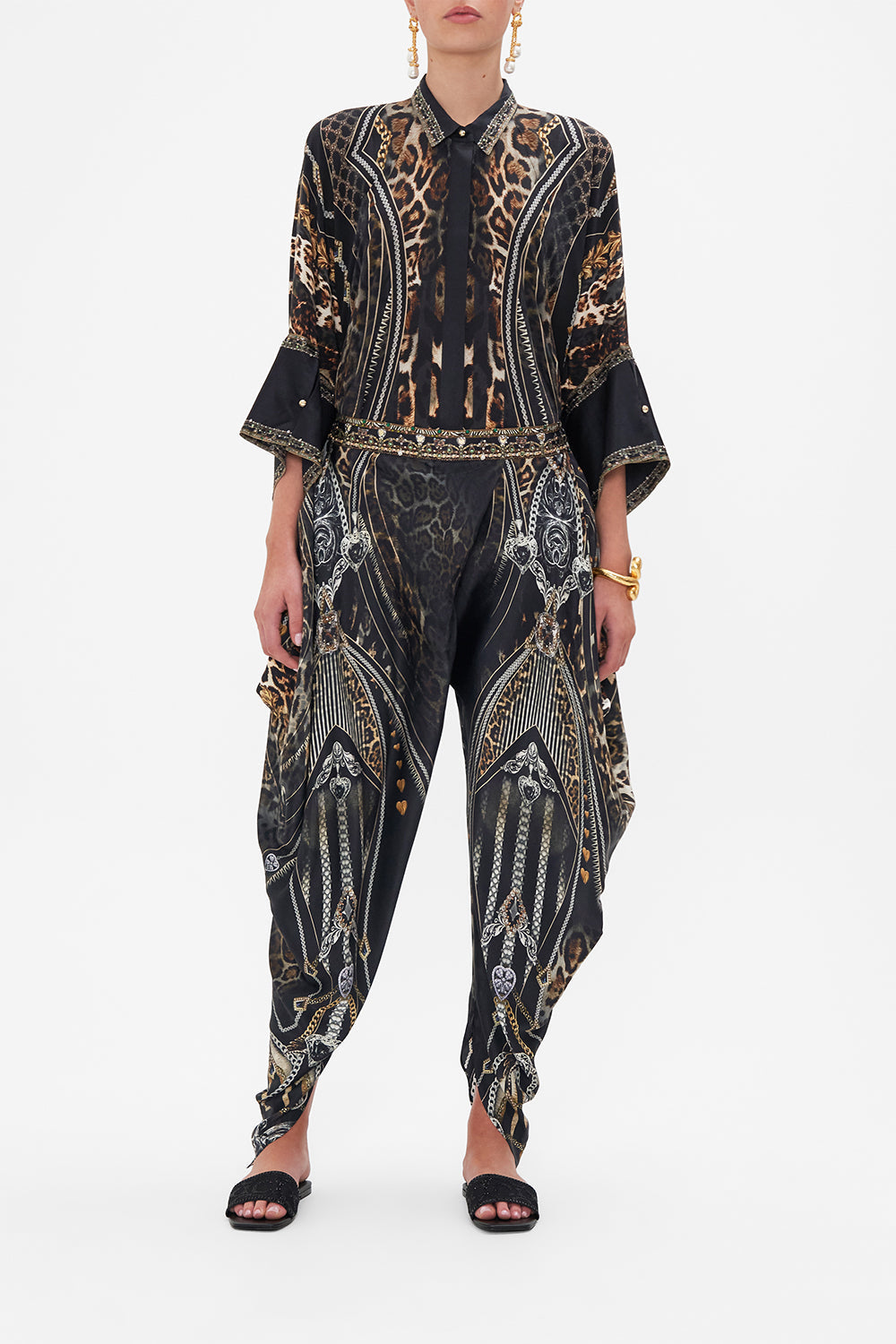Front view of model wearing CAMILLA drapey silk pants in Chaos In The Cosmos animal print