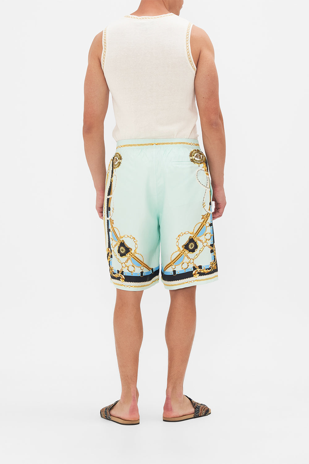 Back view of model wearing Hotel Franks By CAMILLA mens walk short in Sea Charm print