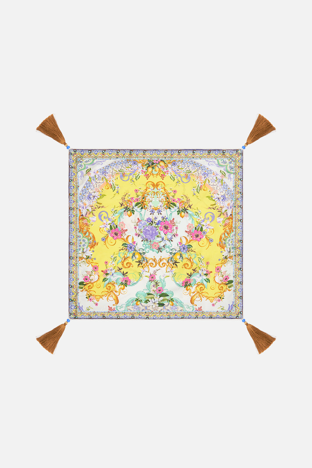 Product view of VILLA CAMILLA home yellow printed silk cushion in Caterina Spritz print