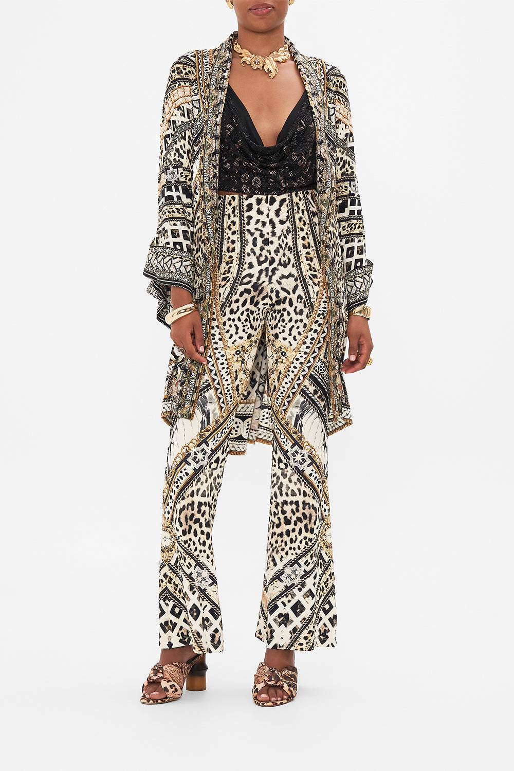 Style view of model wearing CAMILLA animal print robe in Mosaic Muse