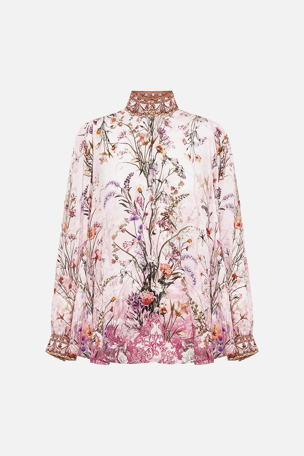 Product view of CAMILLA floral slik blouse in Kissed By The Prince print