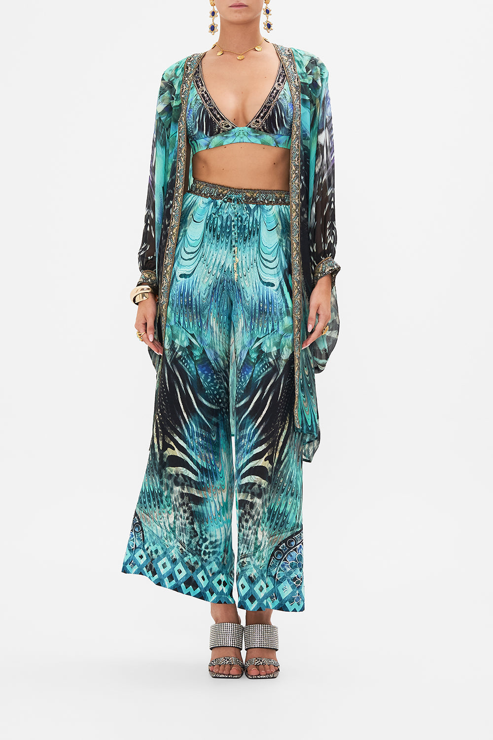 Detail view of model wearing CAMILLA luxury bra in Azure Allure