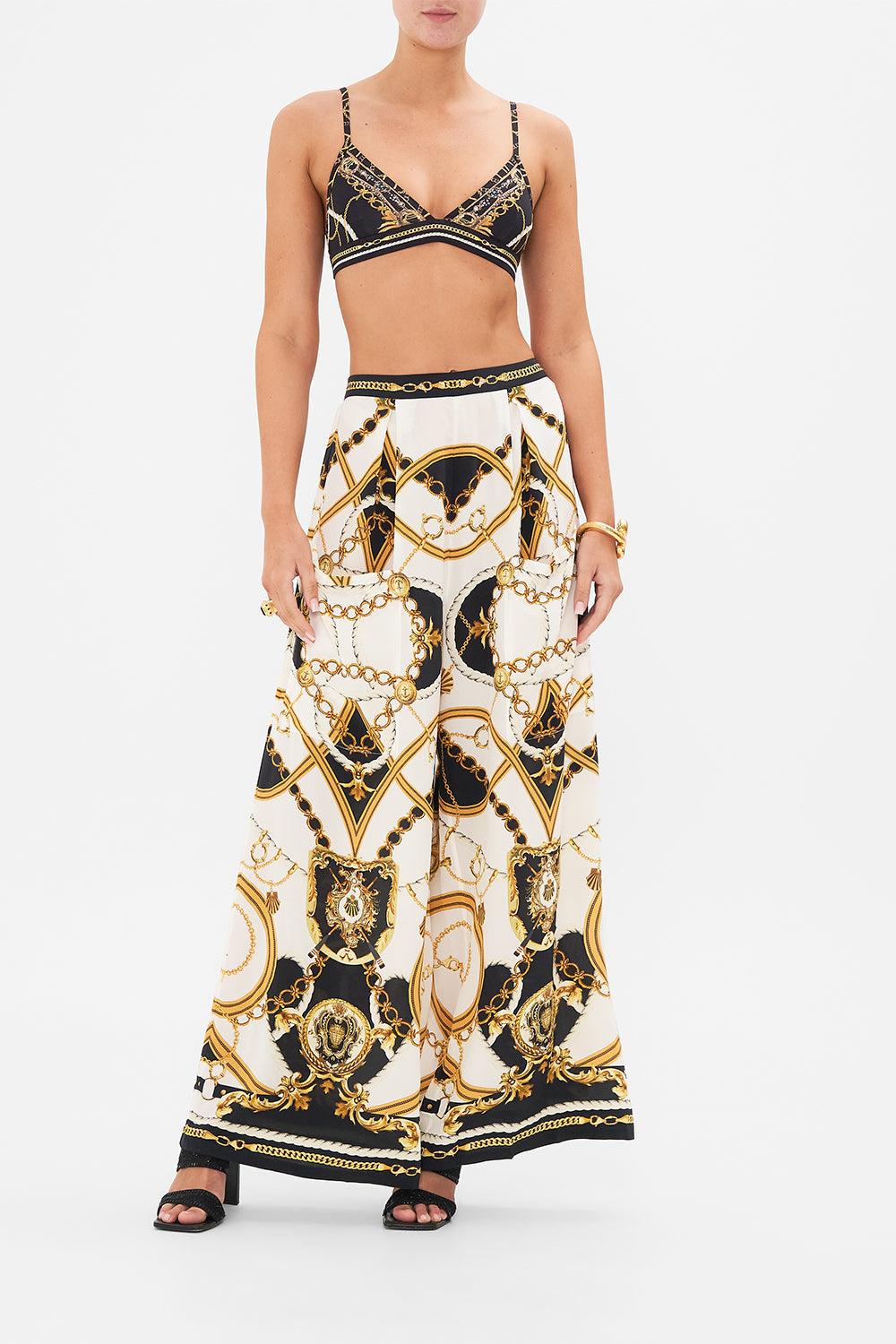 Front view of model wearing CAMILLA lingerie bra in Coast to Coast print