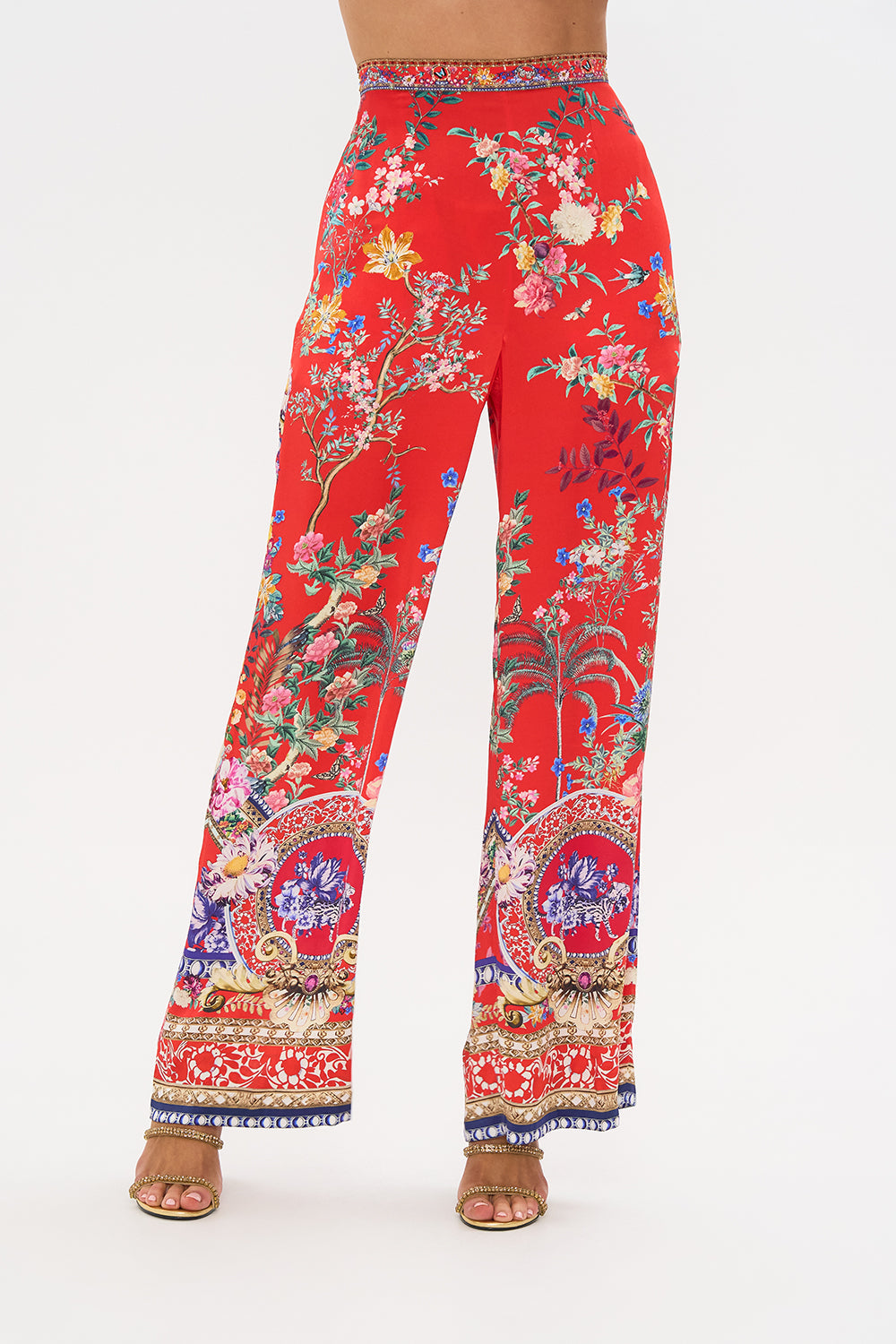 CAMILLA red floral print silk pants in The Summer Palace print