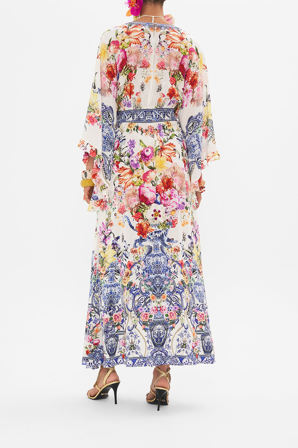 Back view of model wearing CAMILLA silk dress in Dutch is Life print