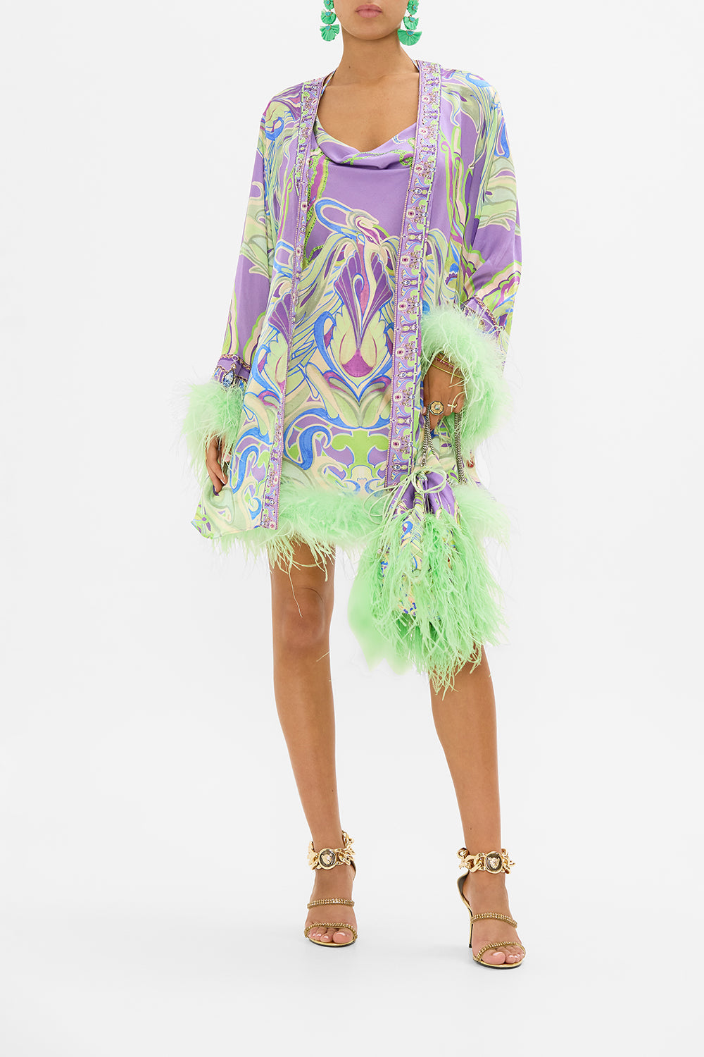 CAMILLA wrap dress with feathers in Amsterdam Jewel print