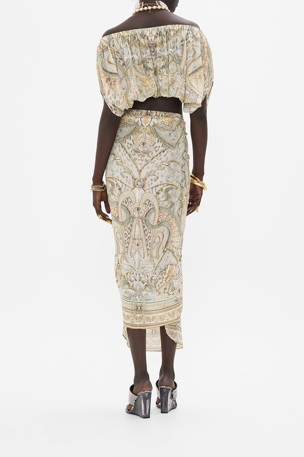 CAMILLA tie front skirt in Ivory Tower Tales print