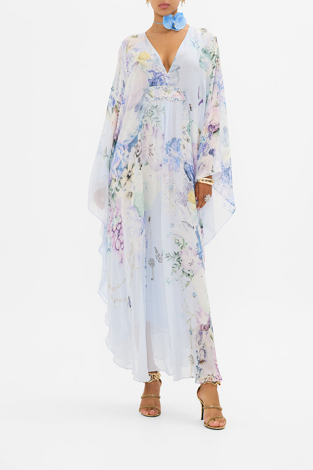 CAMILLA blue silk kaftan in Butterfloria print