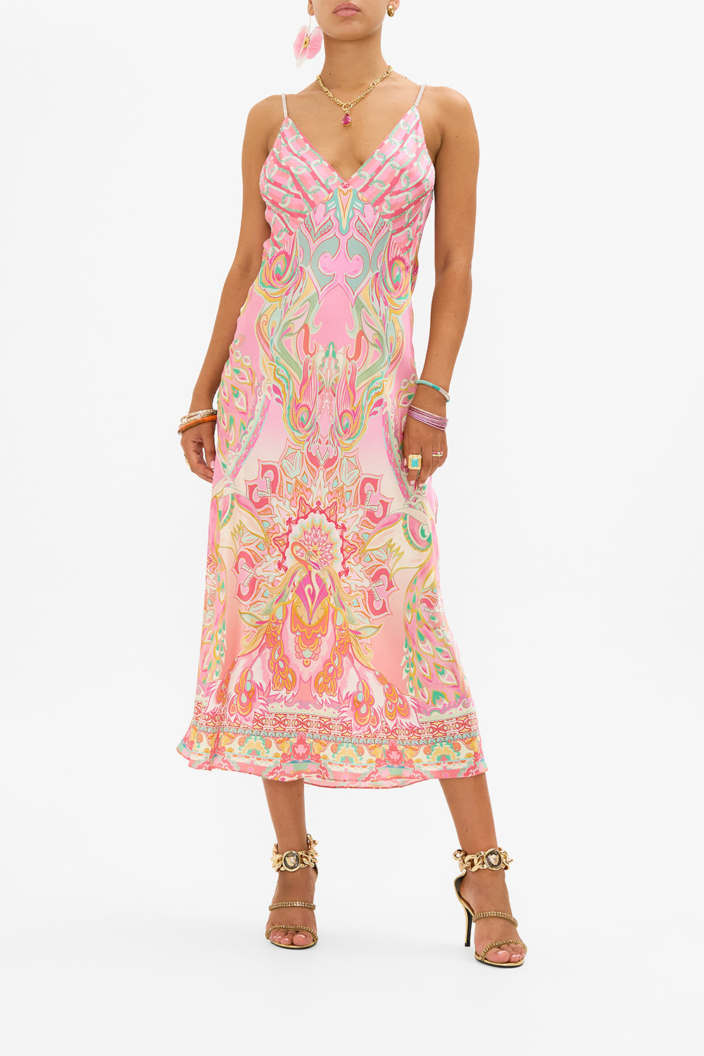 CAMILLA silk bias slip dress in Tea With Tuchinski print