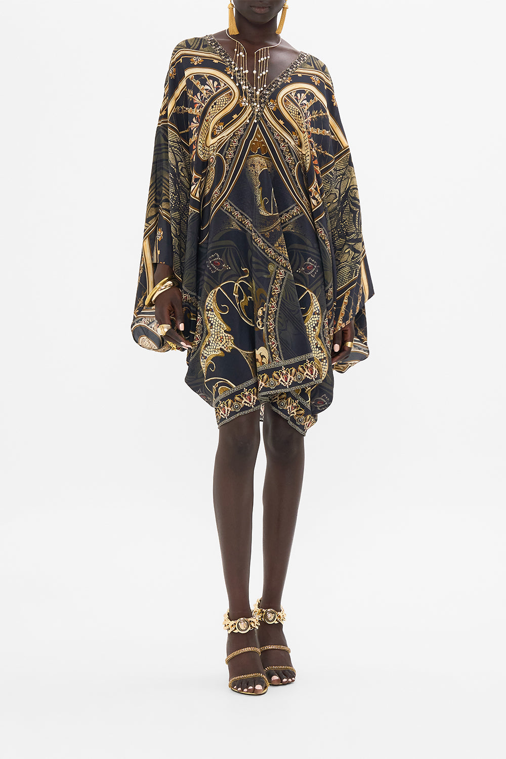 CAMILLA silk kaftan in Nouveau Noir print