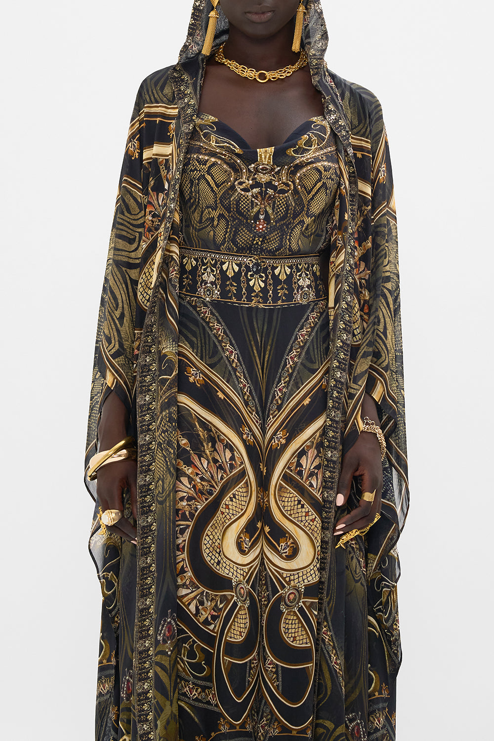 CAMILLA silk robe in Nouveau Noir print