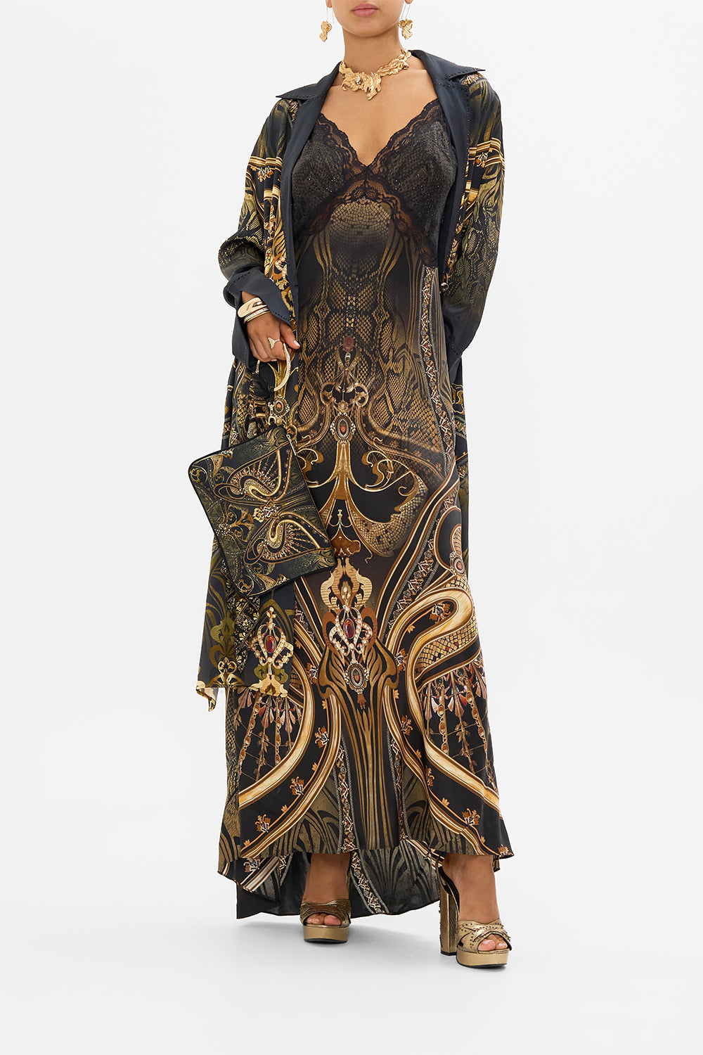 CAMILLA split cuff coat in Nouveau Noir print