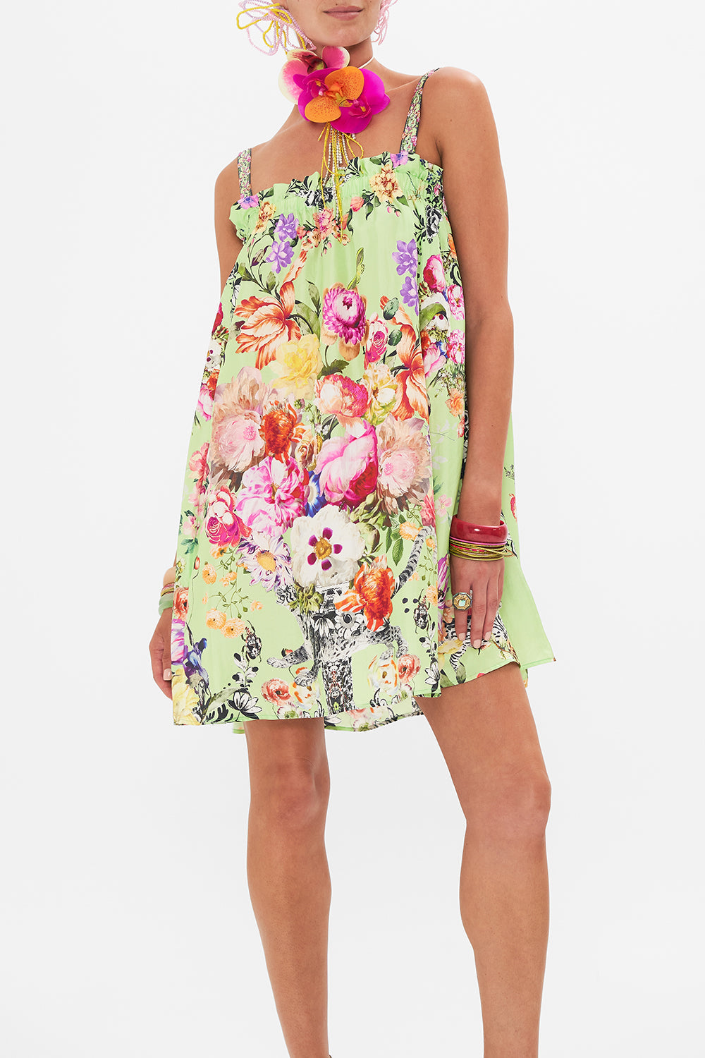 Crop view of model wearing CAMILLA mini sundress in Porcelain Dream print