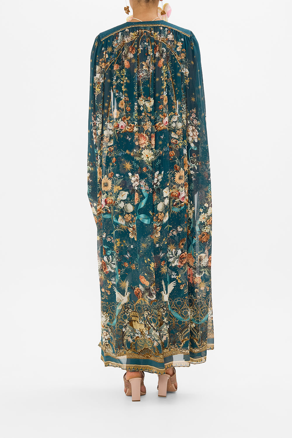 CAMILLA dress with cape in She Who Wears The Crown print