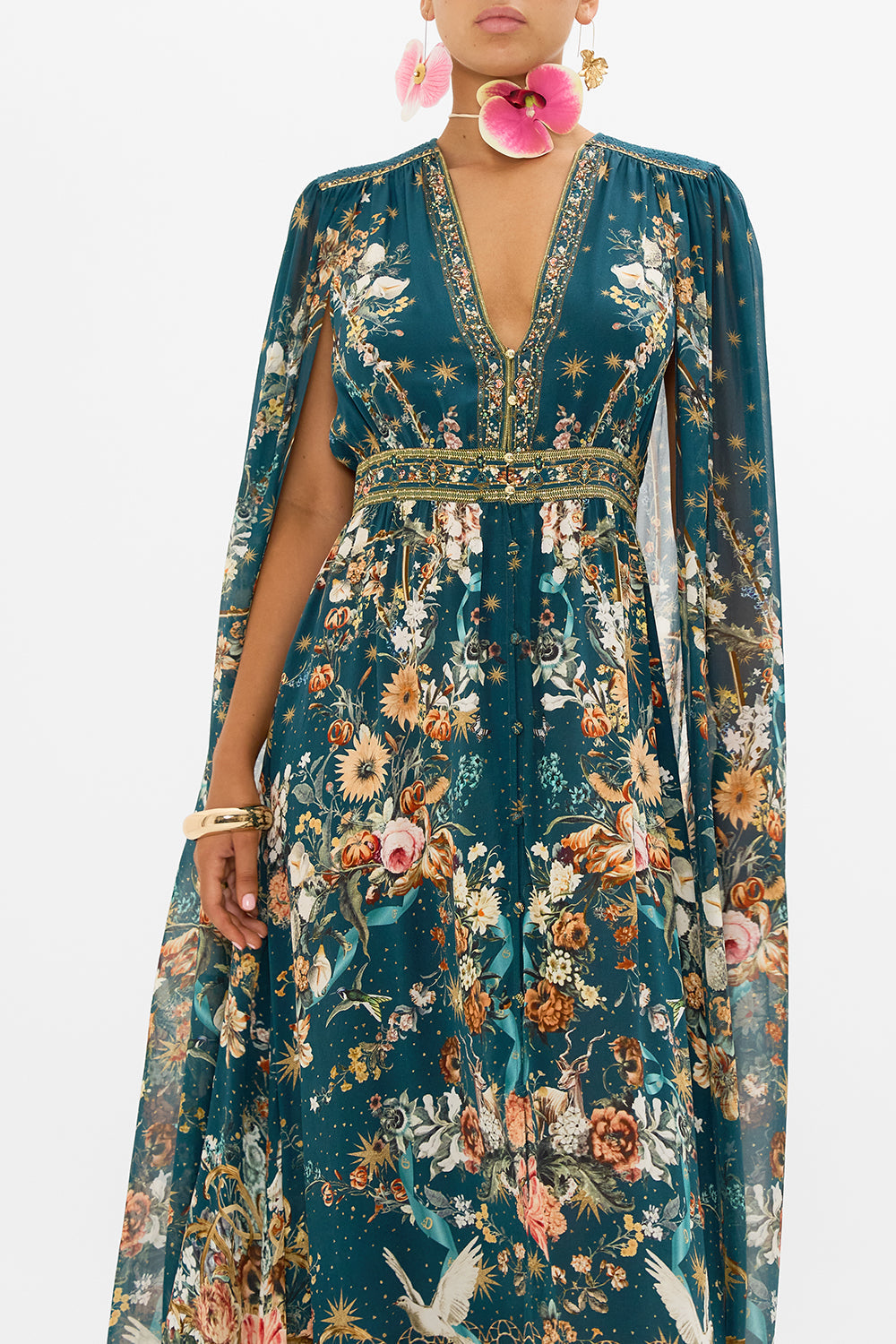 CAMILLA dress with cape in She Who Wears The Crown print