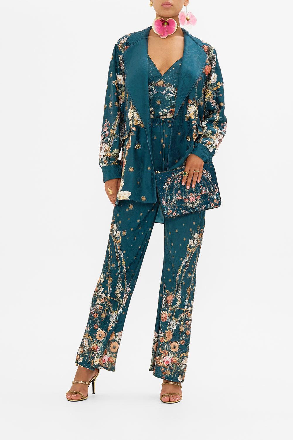 CAMILLA silk bias cut pants in She Who Wears A Crown print