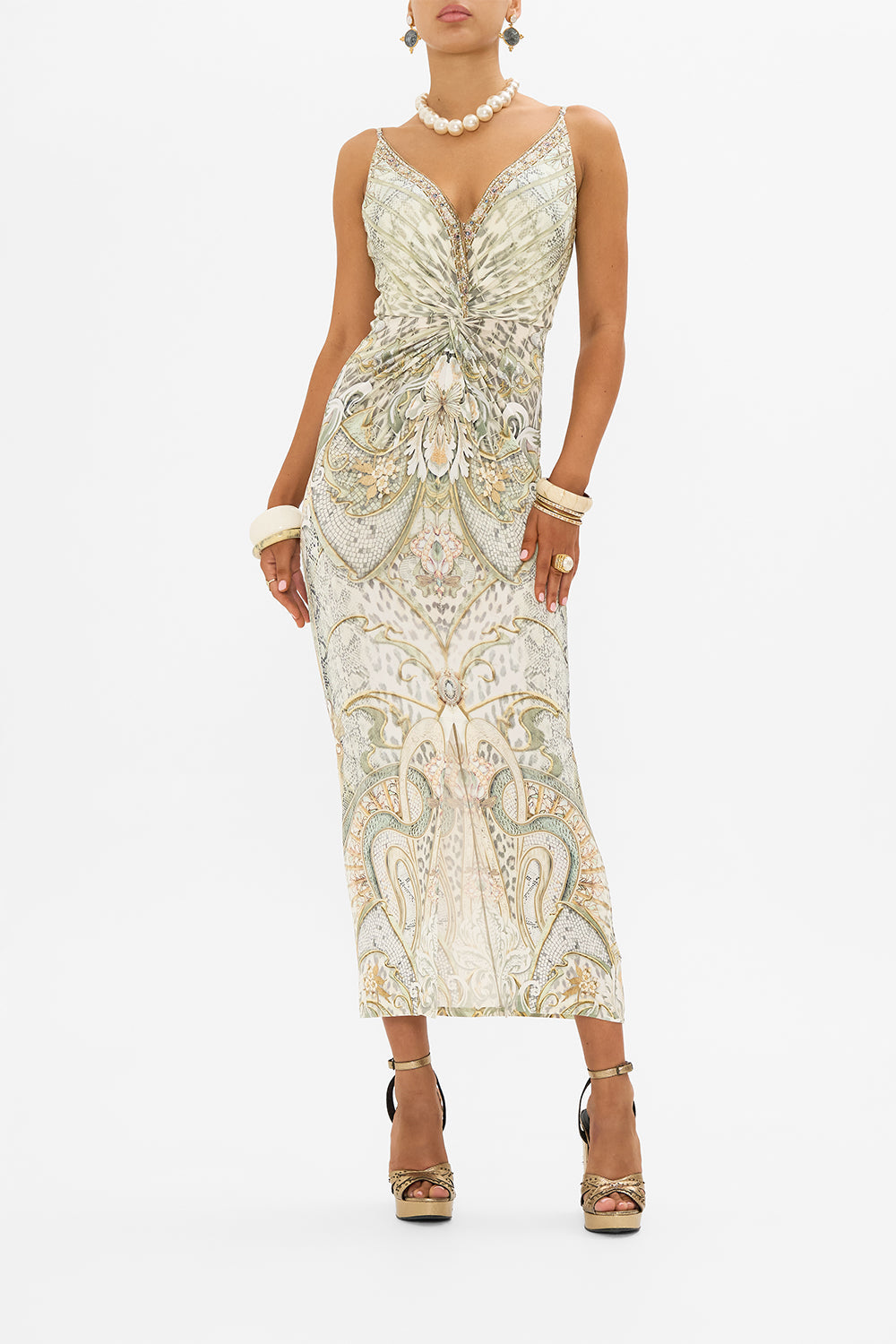 CAMILLA jersey dress with twist in Ivory Tower Tales print