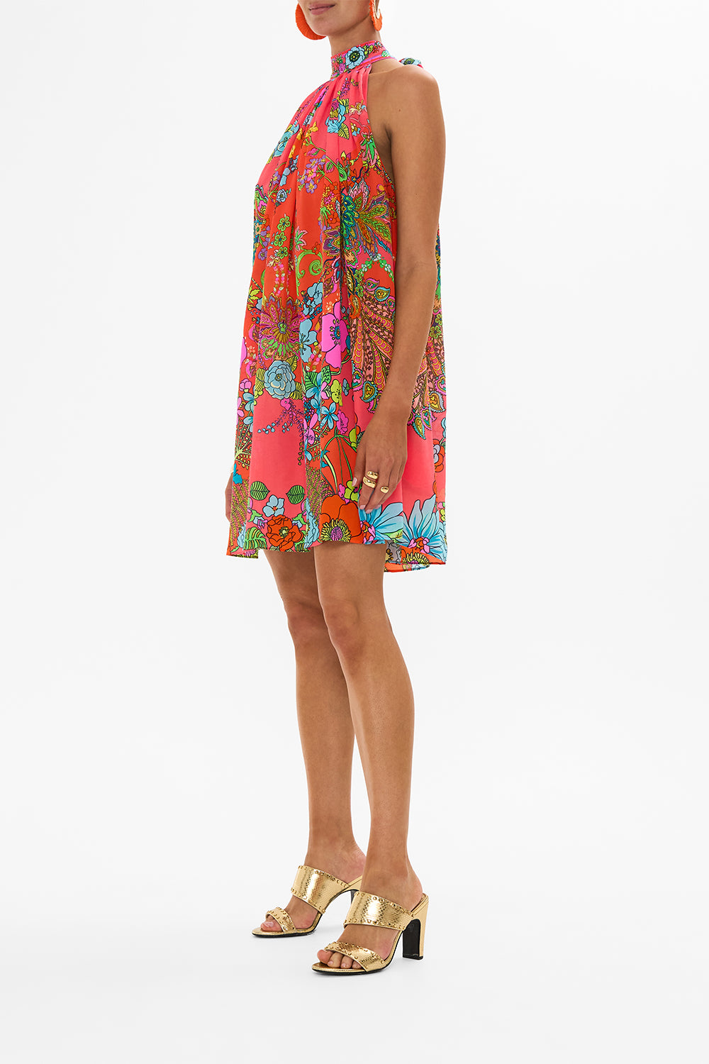 CAMILLA Pink Tie Neck Mini Dress in Windmills and Wildflowers